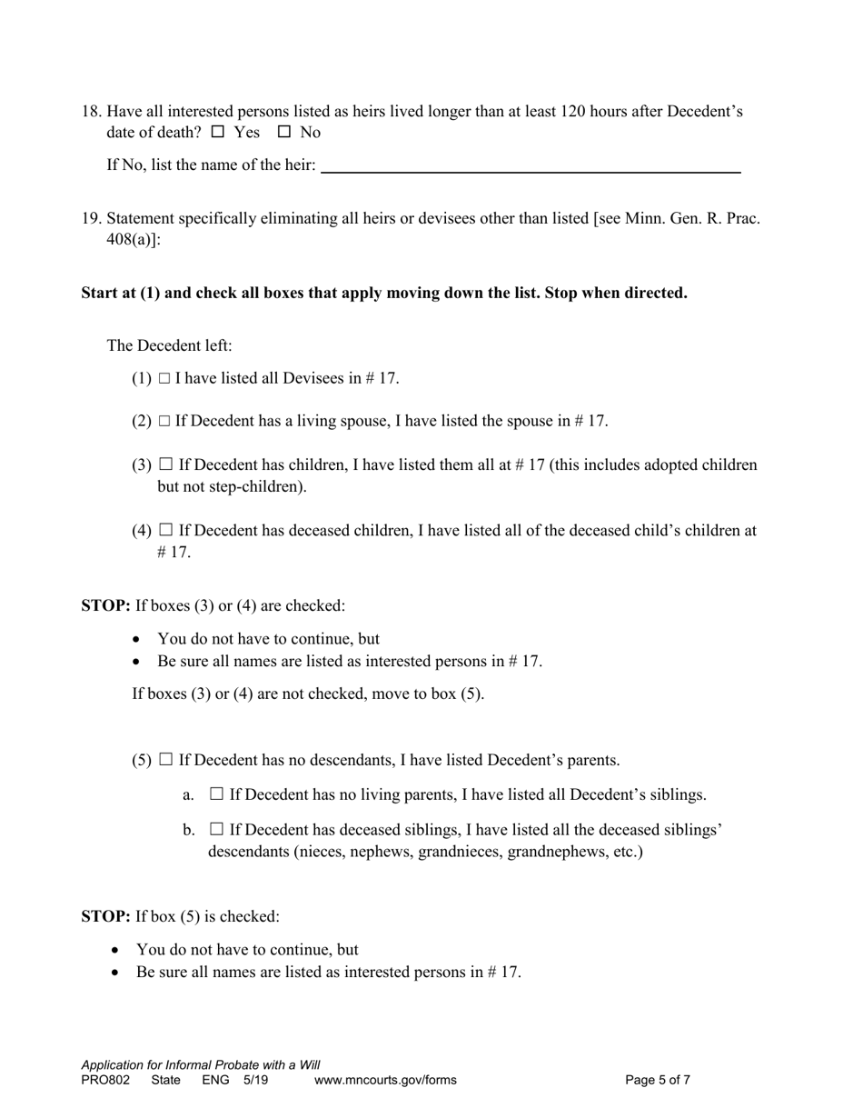 Form PRO802 Application for Informal Probate of Will and for Informal Appointment of Personal Representative - Minnesota, Page 5