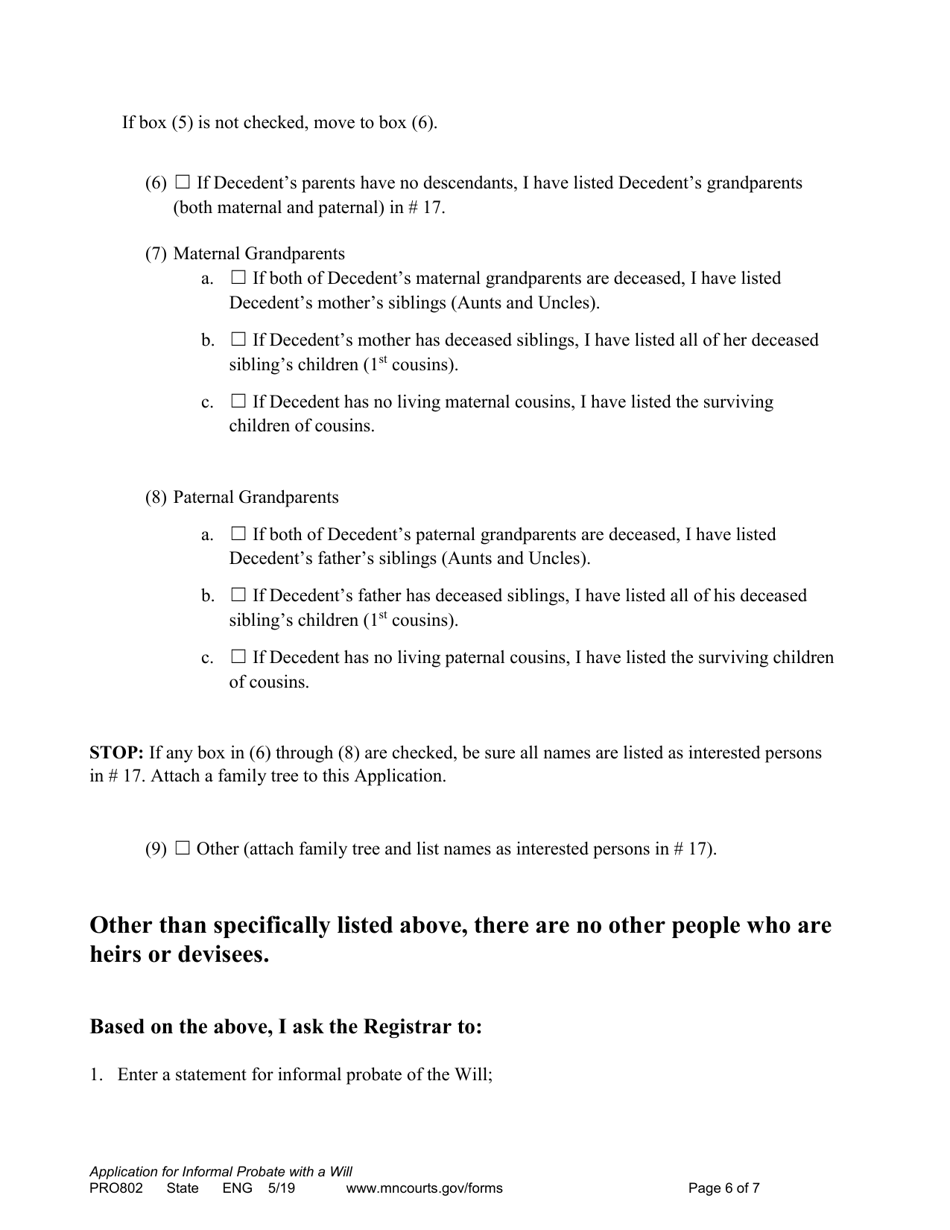 Form PRO802 Application for Informal Probate of Will and for Informal Appointment of Personal Representative - Minnesota, Page 6