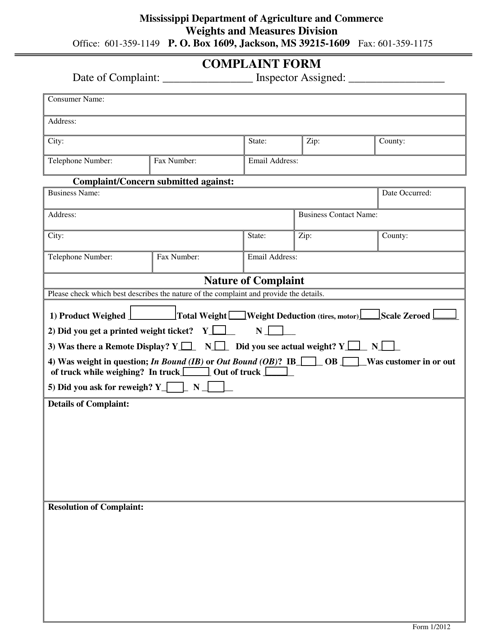 "Complaint Form - Weights and Measures" - Mississippi Download Pdf