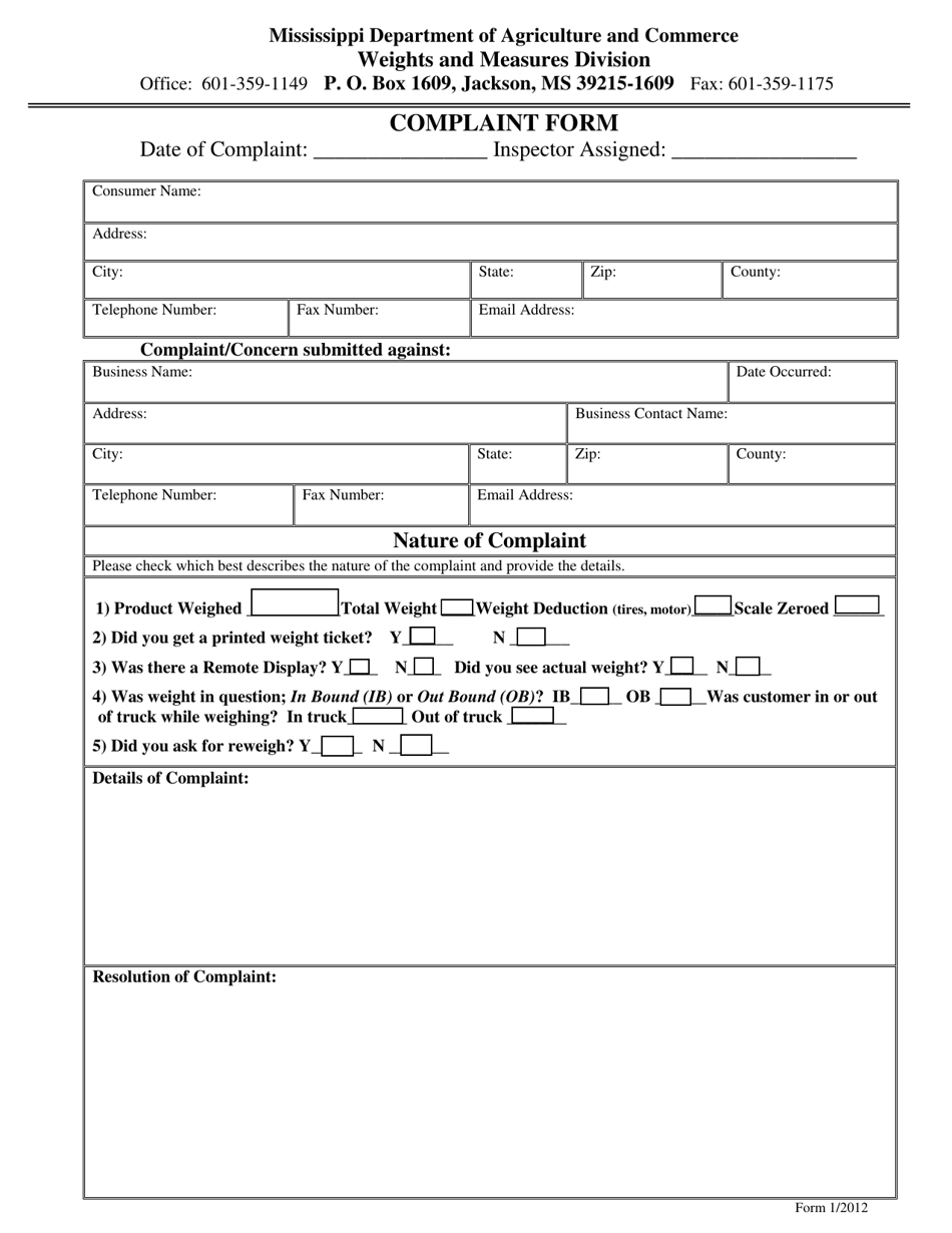 Complaint Form - Weights and Measures - Mississippi, Page 1