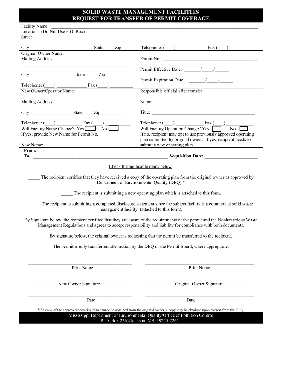 Request for Transfer of Permit Coverage - Mississippi, Page 1