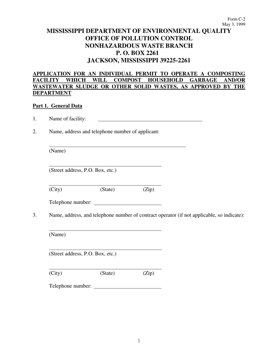 Form C-2 Application for an Individual Permit to Operate a Composting Facility Which Will Compost Household Garbage and / or Wastewater Sludge or Other Solid Wastes, as Approved by the Department - Mississippi, Page 1