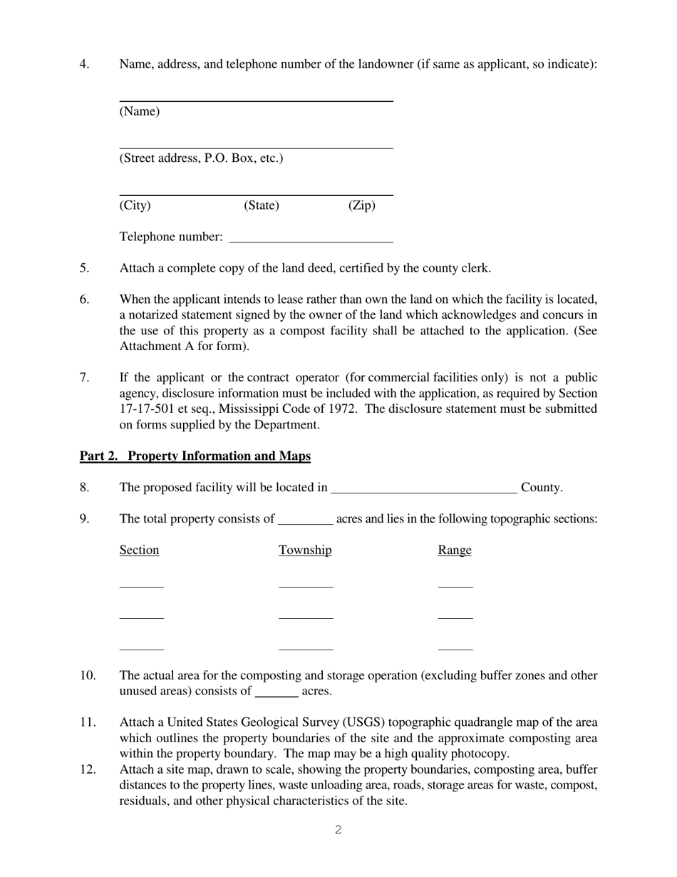 Form C-2 Application for an Individual Permit to Operate a Composting Facility Which Will Compost Household Garbage and / or Wastewater Sludge or Other Solid Wastes, as Approved by the Department - Mississippi, Page 2