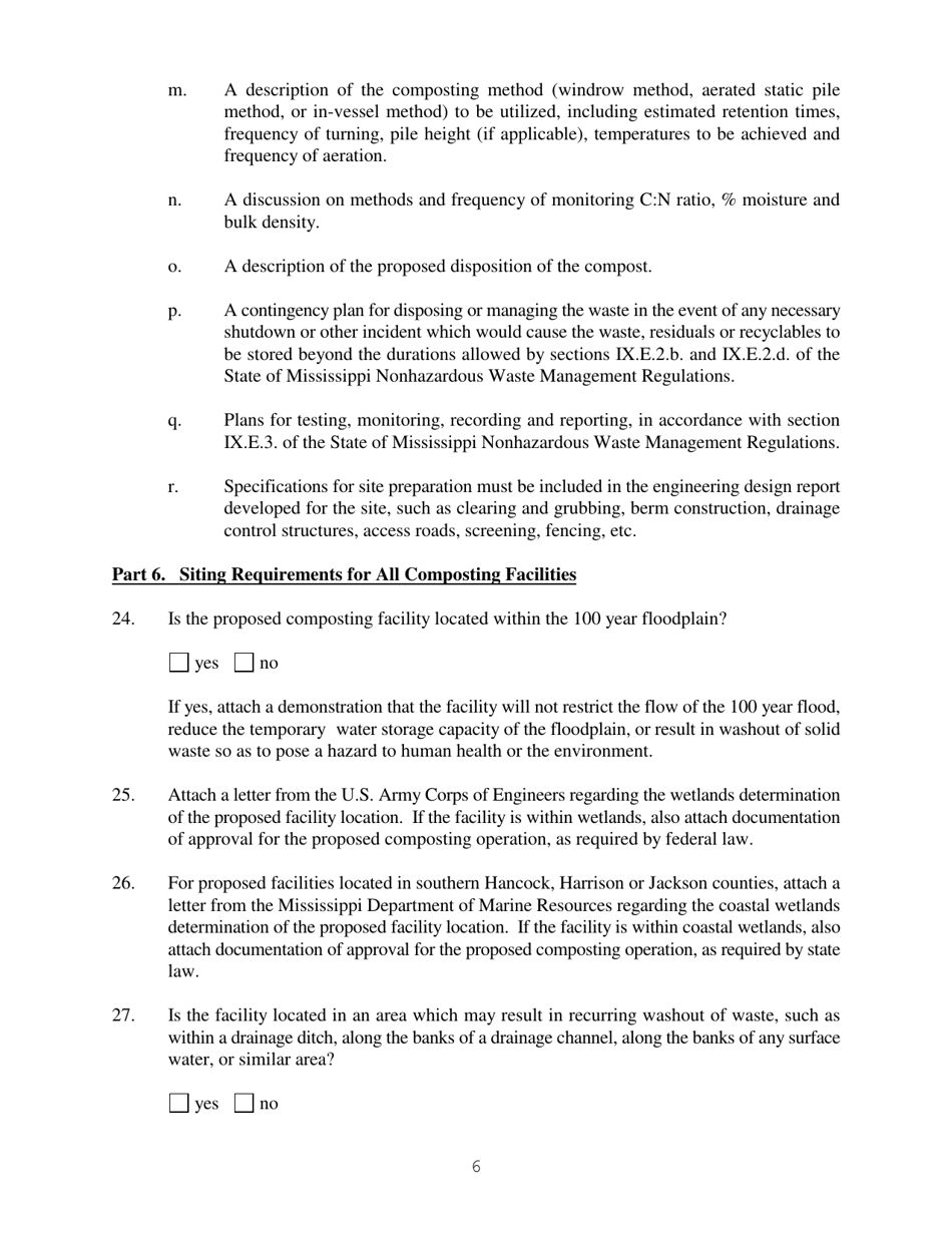 Form C-2 Application for an Individual Permit to Operate a Composting Facility Which Will Compost Household Garbage and / or Wastewater Sludge or Other Solid Wastes, as Approved by the Department - Mississippi, Page 6