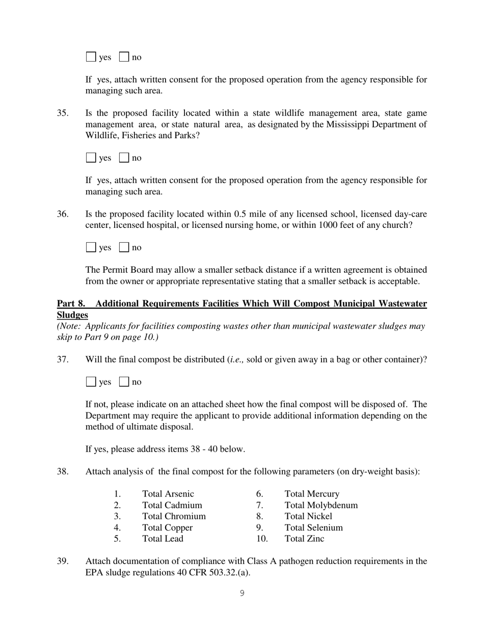 Form C-2 Application for an Individual Permit to Operate a Composting Facility Which Will Compost Household Garbage and / or Wastewater Sludge or Other Solid Wastes, as Approved by the Department - Mississippi, Page 9