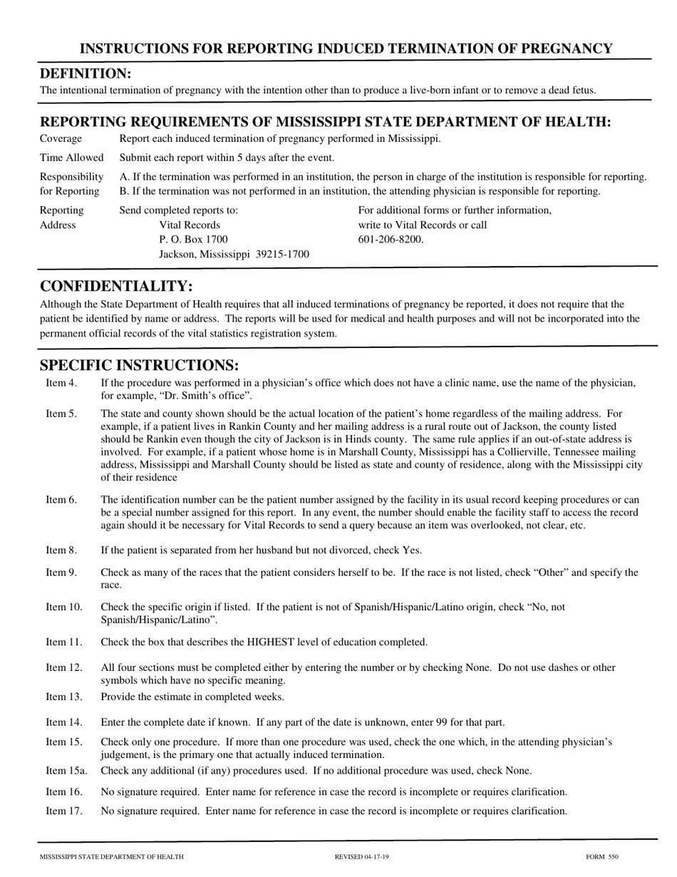 Form 550 Report of Induced Termination of Pregnancy Performed in Mississippi - Mississippi, Page 2