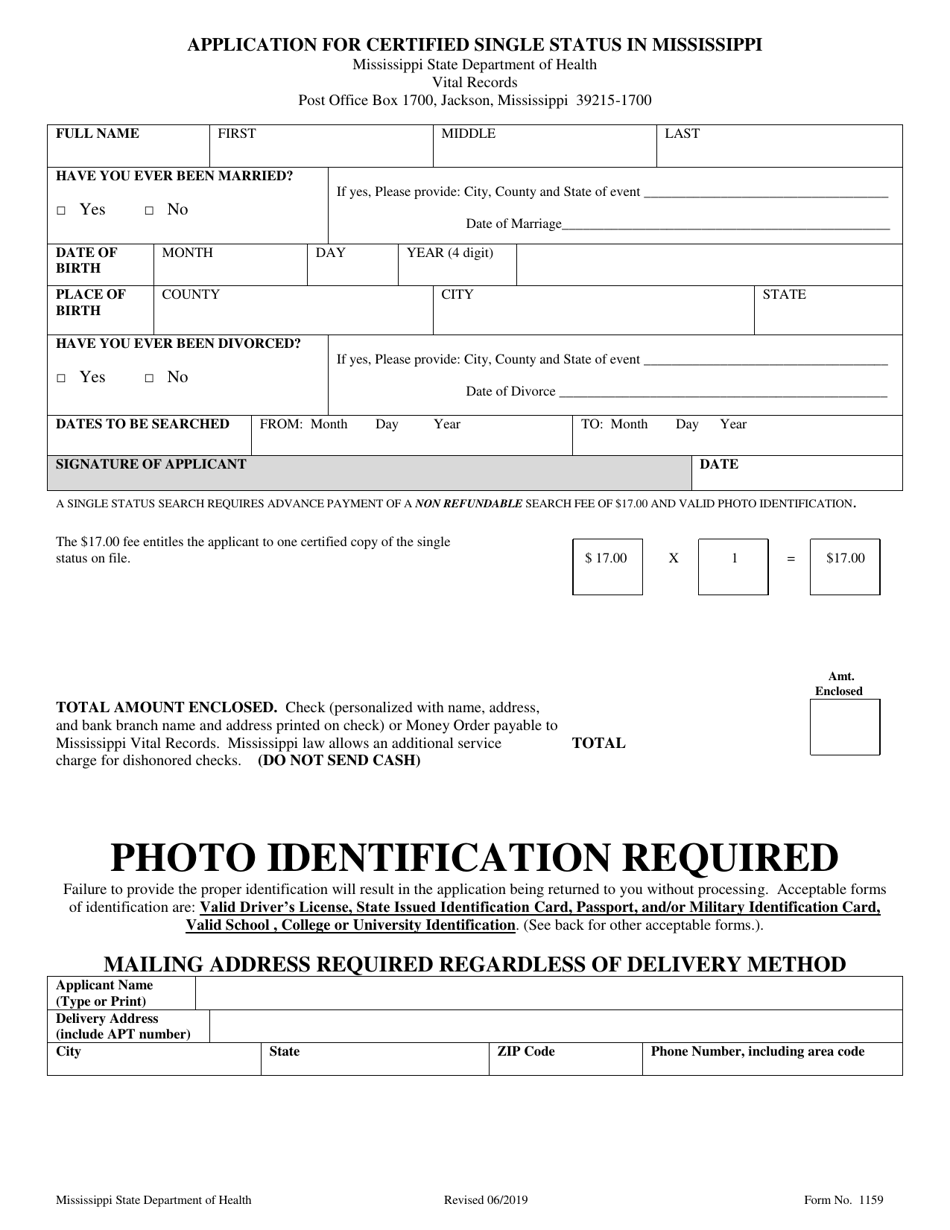 Form 1159 Application for Certified Single Status in Mississippi - Mississippi, Page 1
