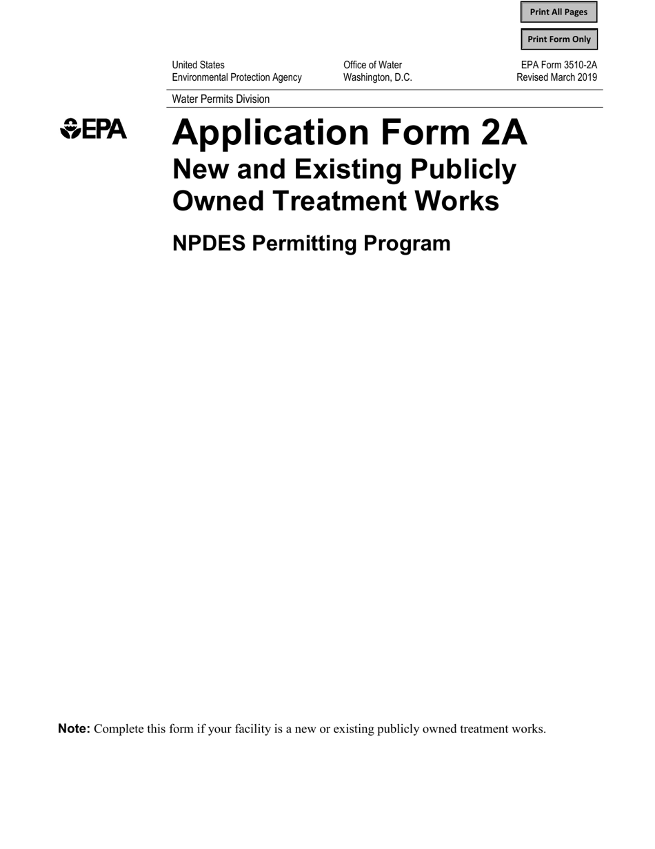 NPDES Form 2A (EPA Form 3510-2A) Application for Npdes Permit to Discharge Wastewater - New and Existing Publicly Owned Treatment Works, Page 1