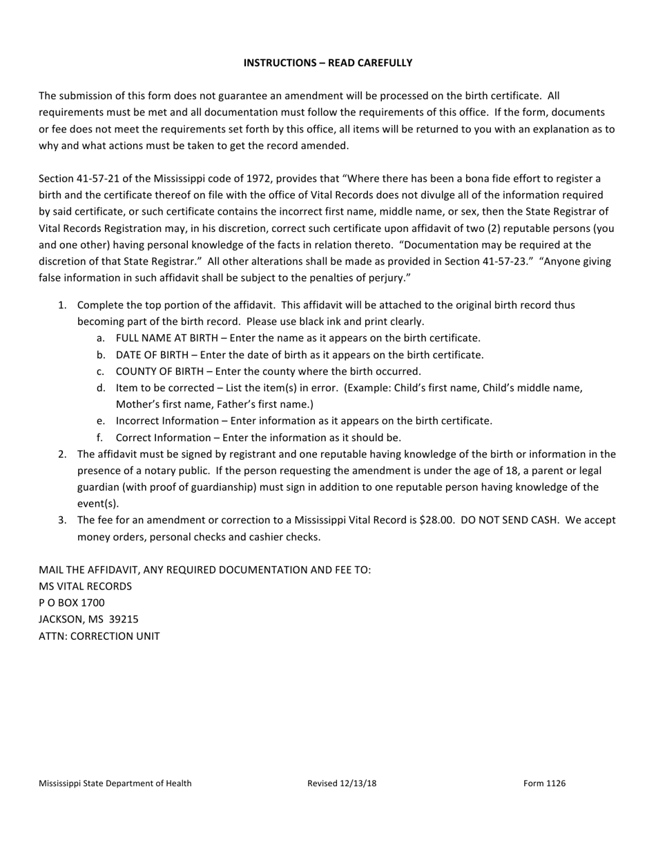 Form 1126 Affidavit to Amend Mississippi Certificate of Live Birth - Mississippi, Page 2