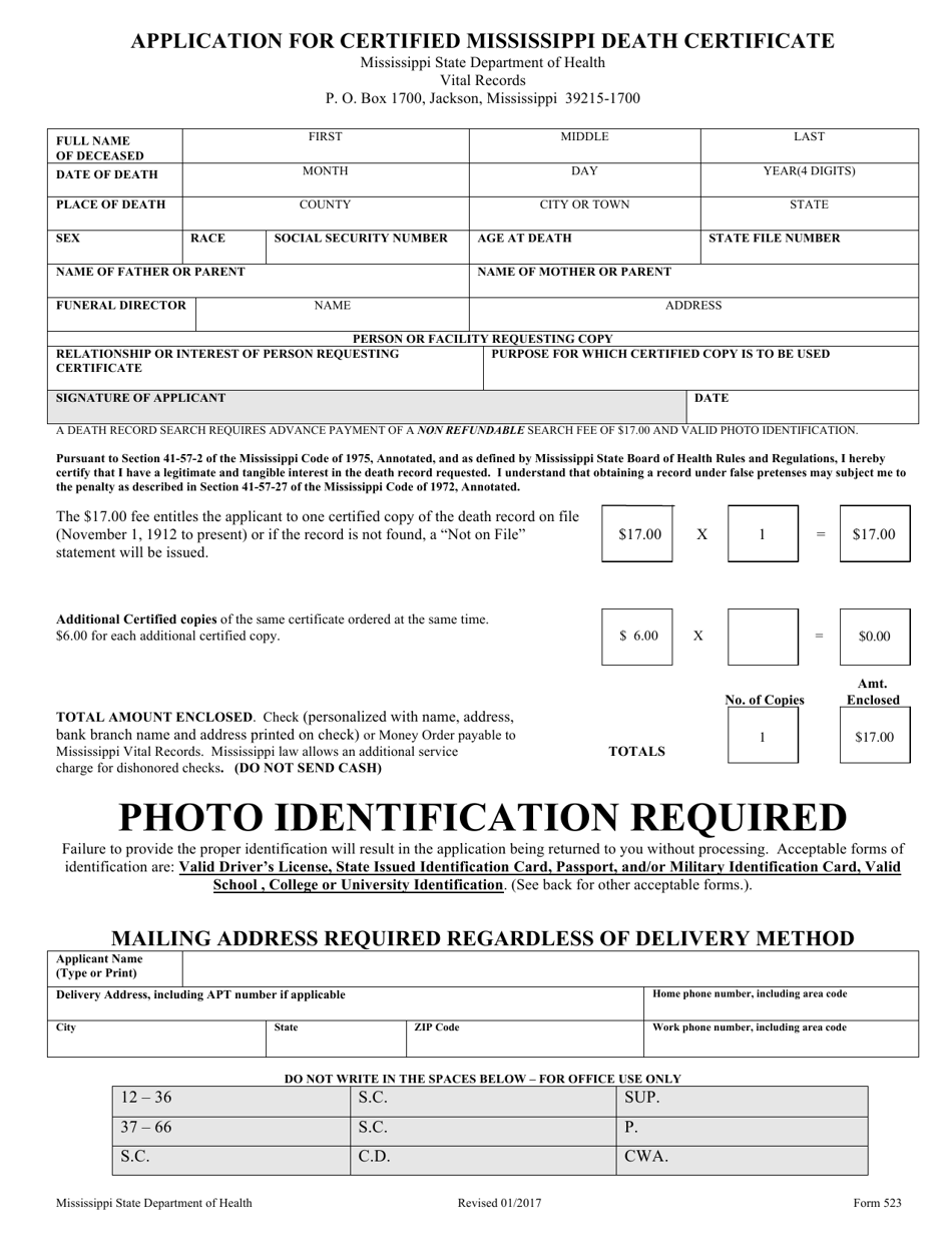 Form 523 Application for Certified Mississippi Death Certificate - Mississippi, Page 1
