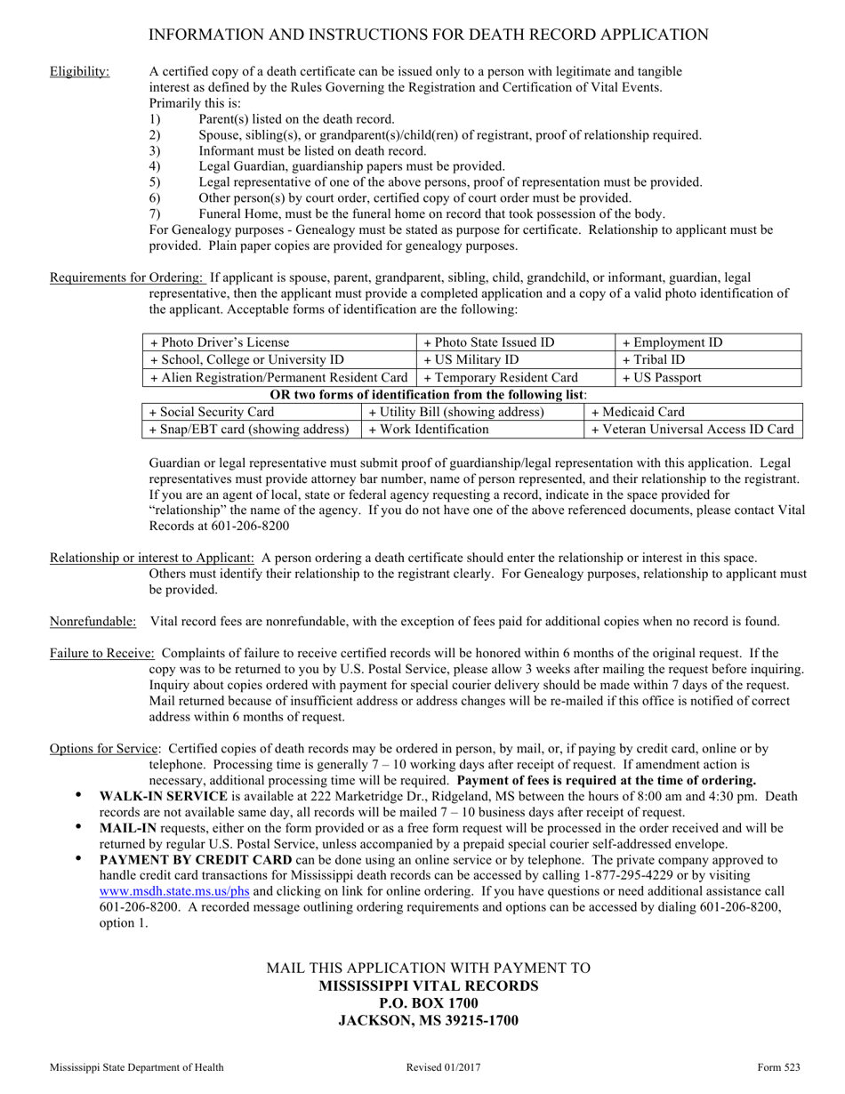 Form 523 Application for Certified Mississippi Death Certificate - Mississippi, Page 2