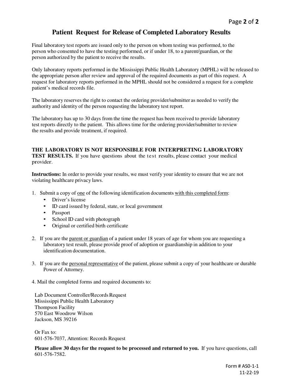 Form AS0-1-1 Patient Completed Laboratory Results Request - Mississippi, Page 3