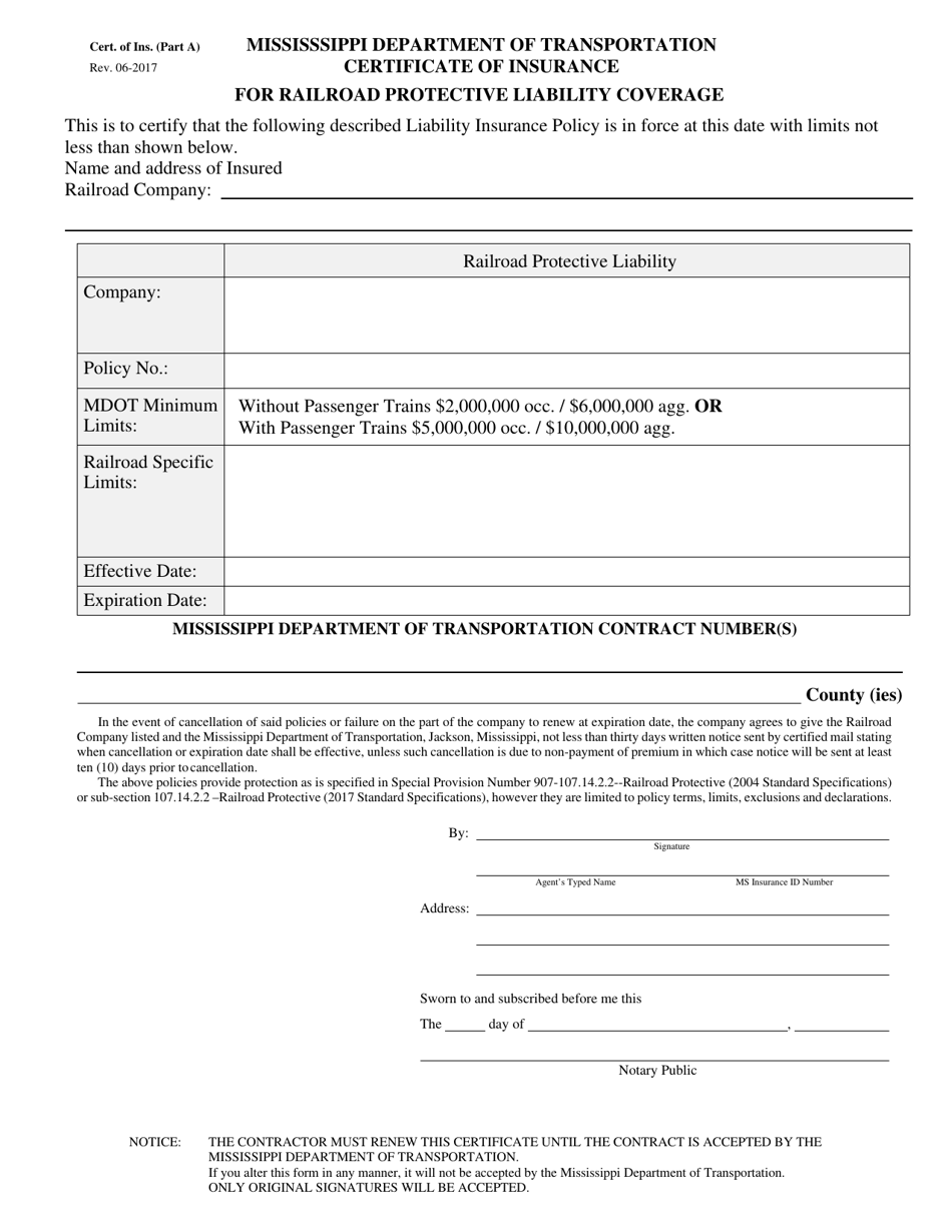 Certificate of Insurance for Railroad Protective Liability Coverage - Mississippi, Page 1