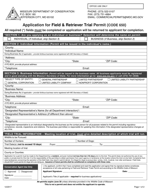 Application for Field & Retriever Trial Permit - Missouri Download Pdf
