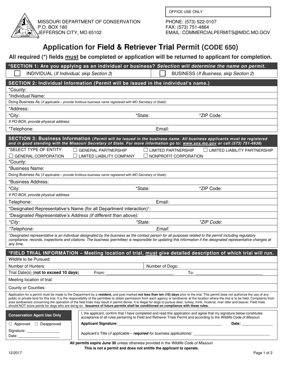 Application for Field  Retriever Trial Permit - Missouri, Page 1