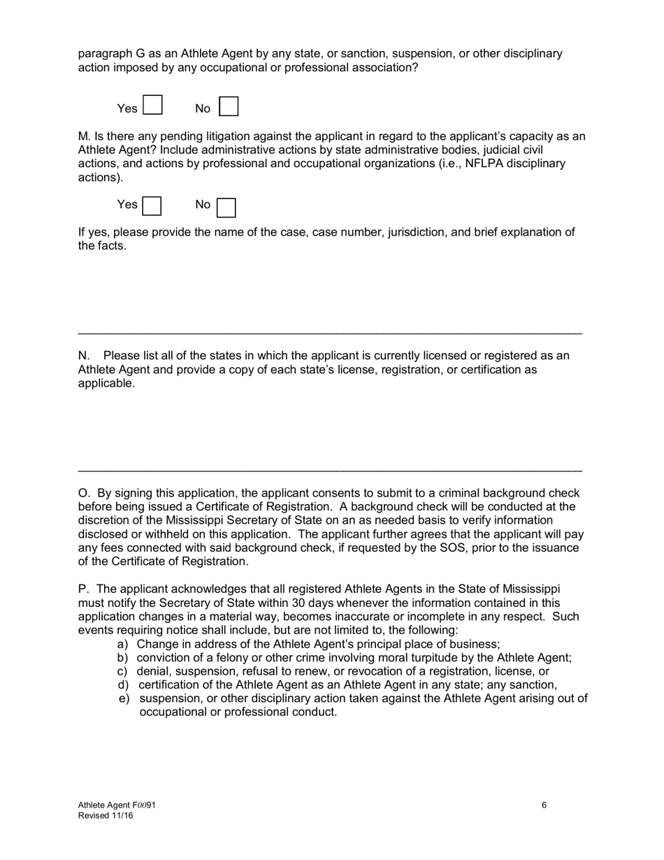 Application for Registration or Renewal of Athlete Agent - Mississippi, Page 6
