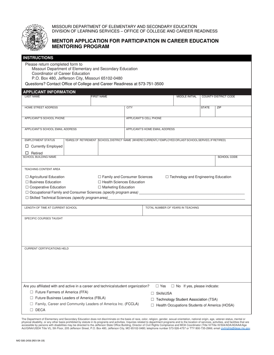 Form MO500-2456 Mentor Application for Participation in Career Education Mentoring Program - Missouri, Page 1