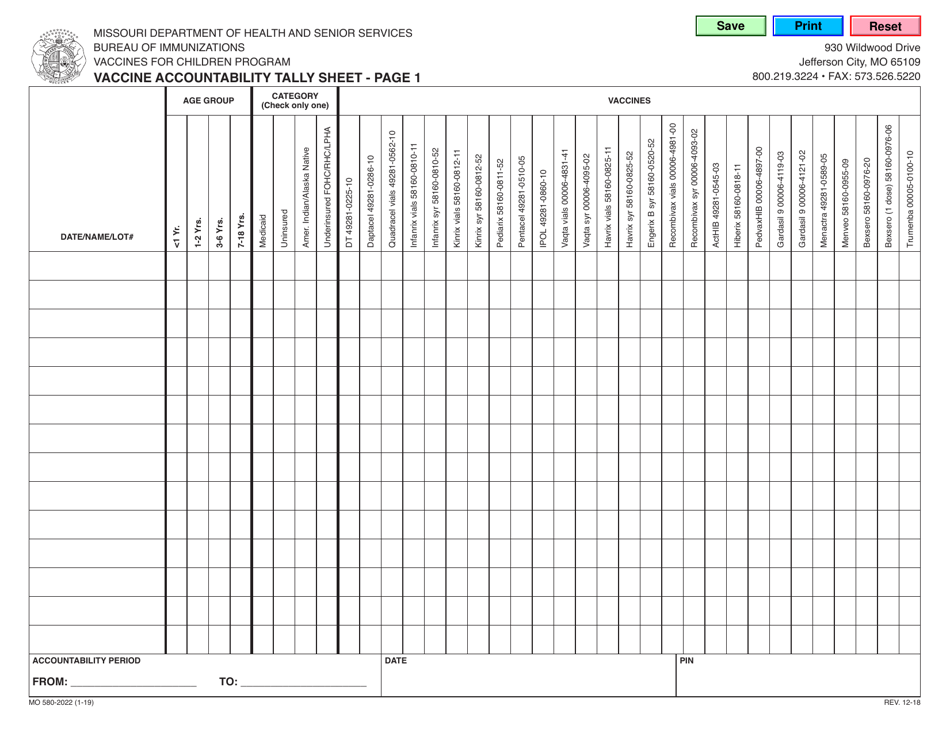 Form MO580-2022 Vaccine Accountability Tally Sheet - Missouri, Page 1