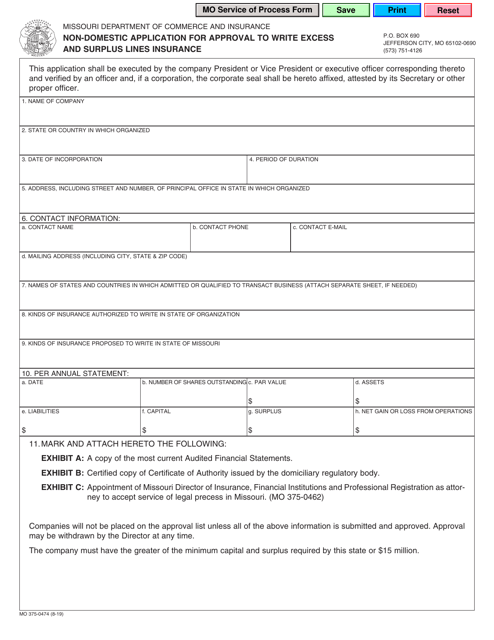Form MO375-0474 Non-domestic Application for Approval to Write Excess and Surplus Lines Insurance - Missouri