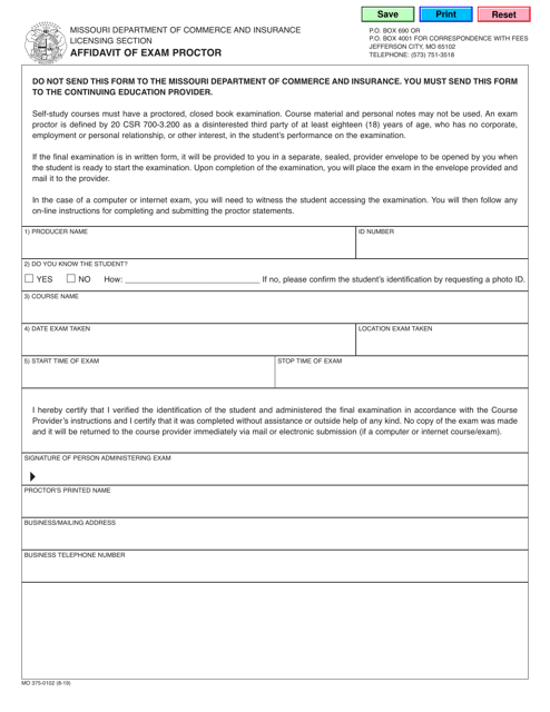 Form MO375-0102 Affidavit of Exam Proctor - Missouri