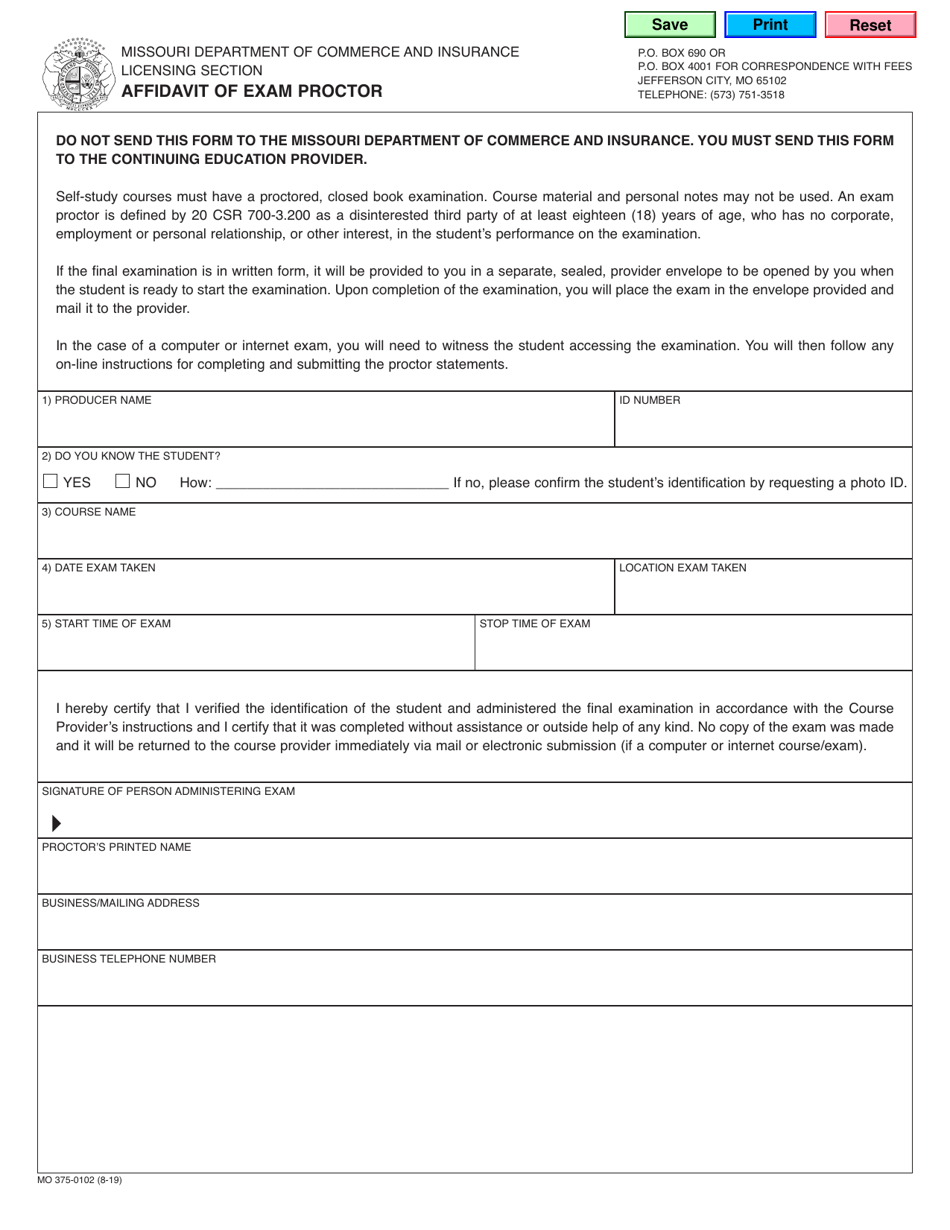 Form MO375-0102 Affidavit of Exam Proctor - Missouri, Page 1