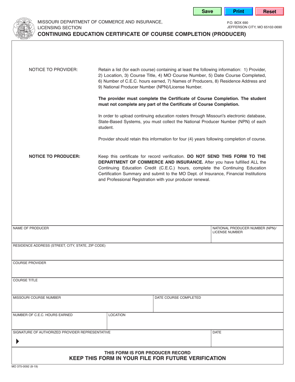 Form MO375-0092 Continuing Education Certificate of Course Completion (Producer) - Missouri, Page 1