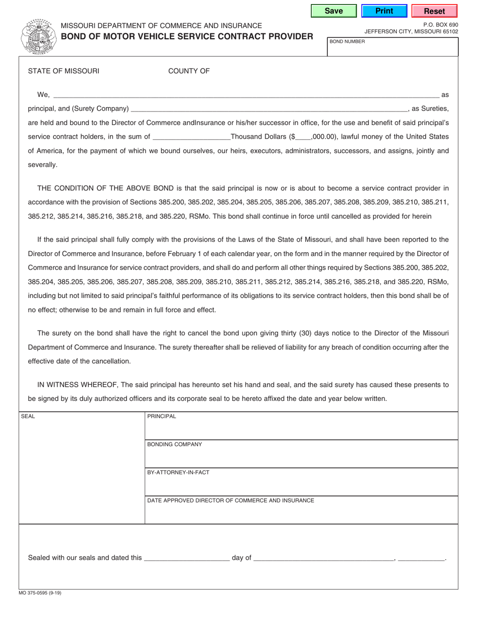 Form MO375-0595 Bond of Motor Vehicle Service Contract Provider - Missouri, Page 1