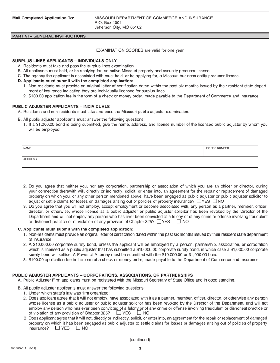 Form MO375-0111 Missouri Uniform Application for Public Adjuster, Public Adjuster Soliciter, or Surplus Lines - Missouri, Page 3