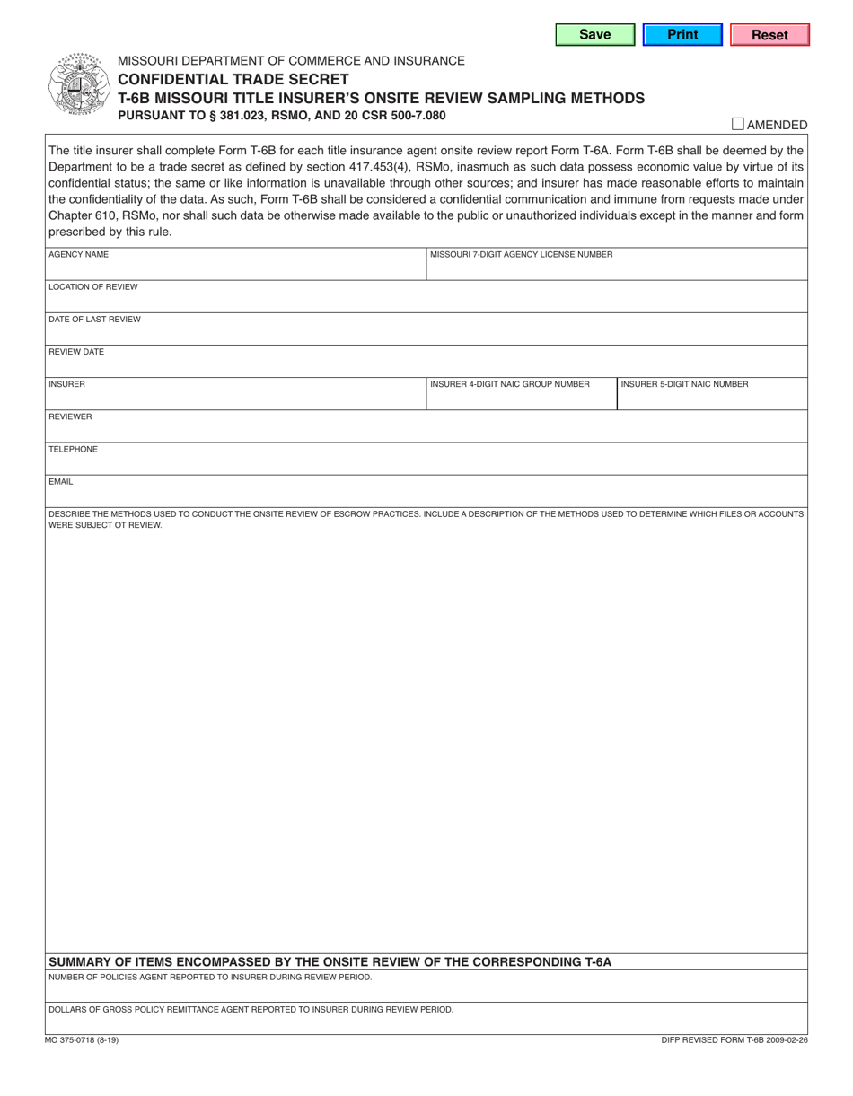 Form T-6B (MO375-0718) Confidential Trade Secret - Missouri Title Insurers Onsite Review Sampling Methods - Missouri, Page 1