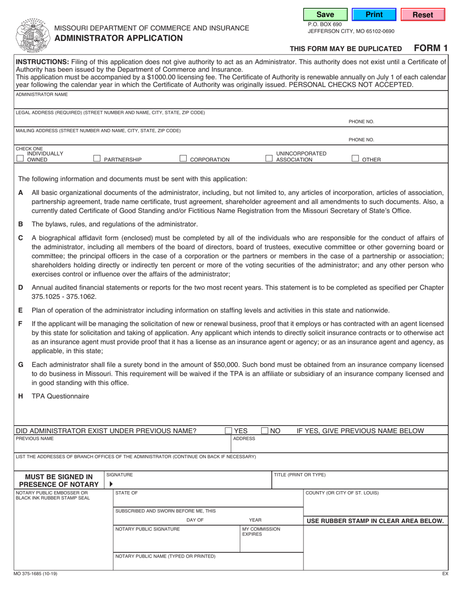 Form MO375-1685 (1) Administrator Application - Missouri, Page 1