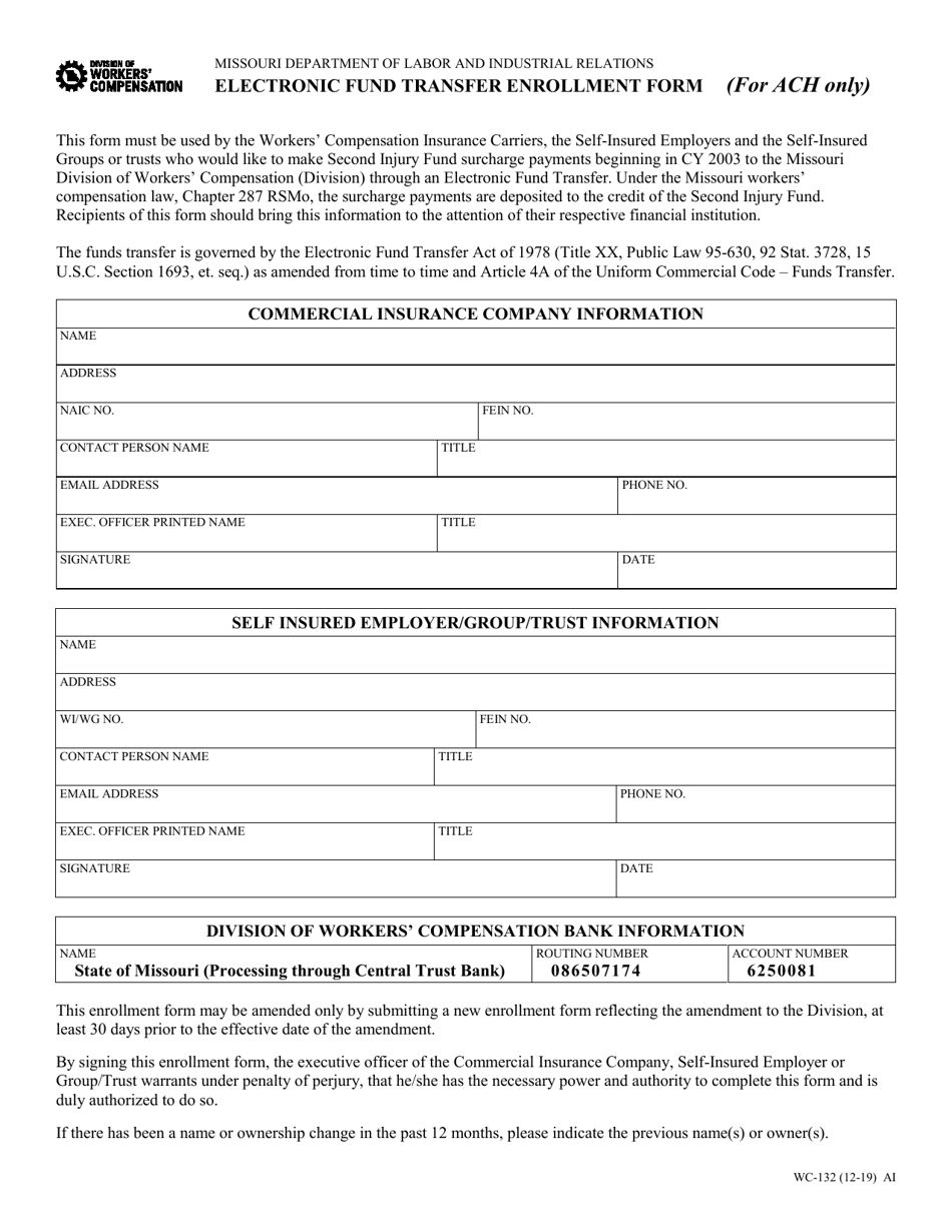 Form WC-132 Electronic Fund Transfer Enrollment Form - Missouri, Page 1