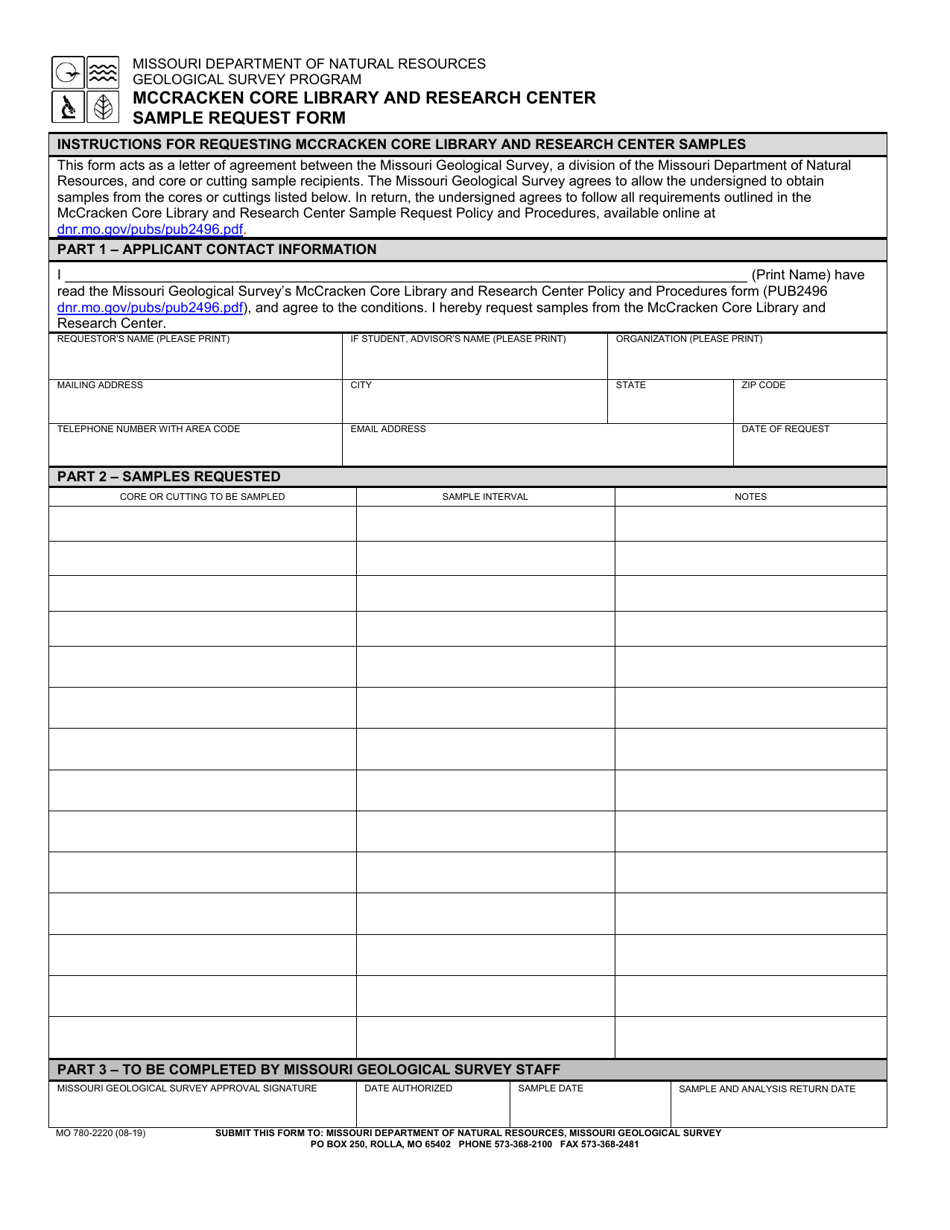 Form MO780-2220 Mccracken Core Library and Research Center Sample Request Form - Missouri, Page 1