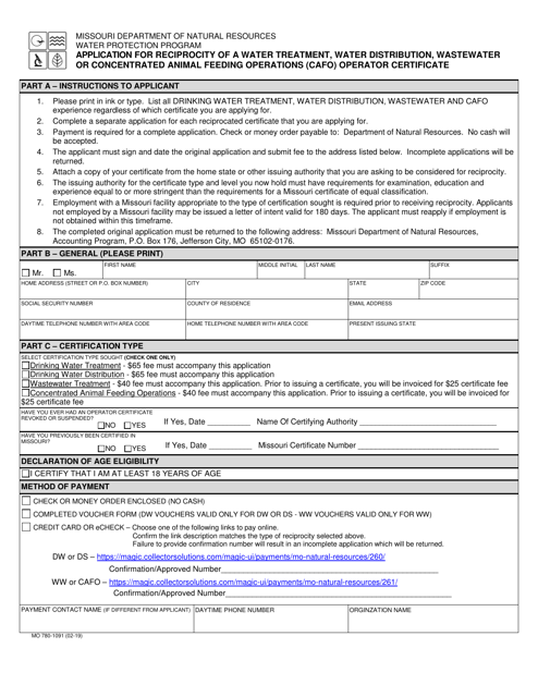 Form MO780-1091 Application for Reciprocity of a Water Treatment, Water Distribution, Wastewater or Concentrated Animal Feeding Operations (Cafo) Operator Certificate - Missouri