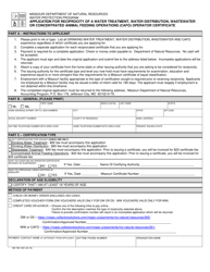 Form MO780-1091 Application for Reciprocity of a Water Treatment, Water Distribution, Wastewater or Concentrated Animal Feeding Operations (Cafo) Operator Certificate - Missouri