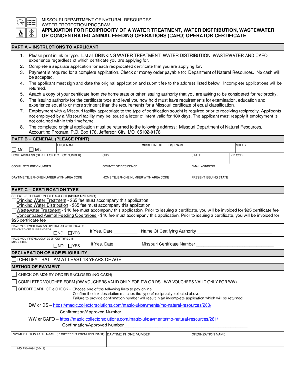 Form MO780-1091 Application for Reciprocity of a Water Treatment, Water Distribution, Wastewater or Concentrated Animal Feeding Operations (Cafo) Operator Certificate - Missouri, Page 1