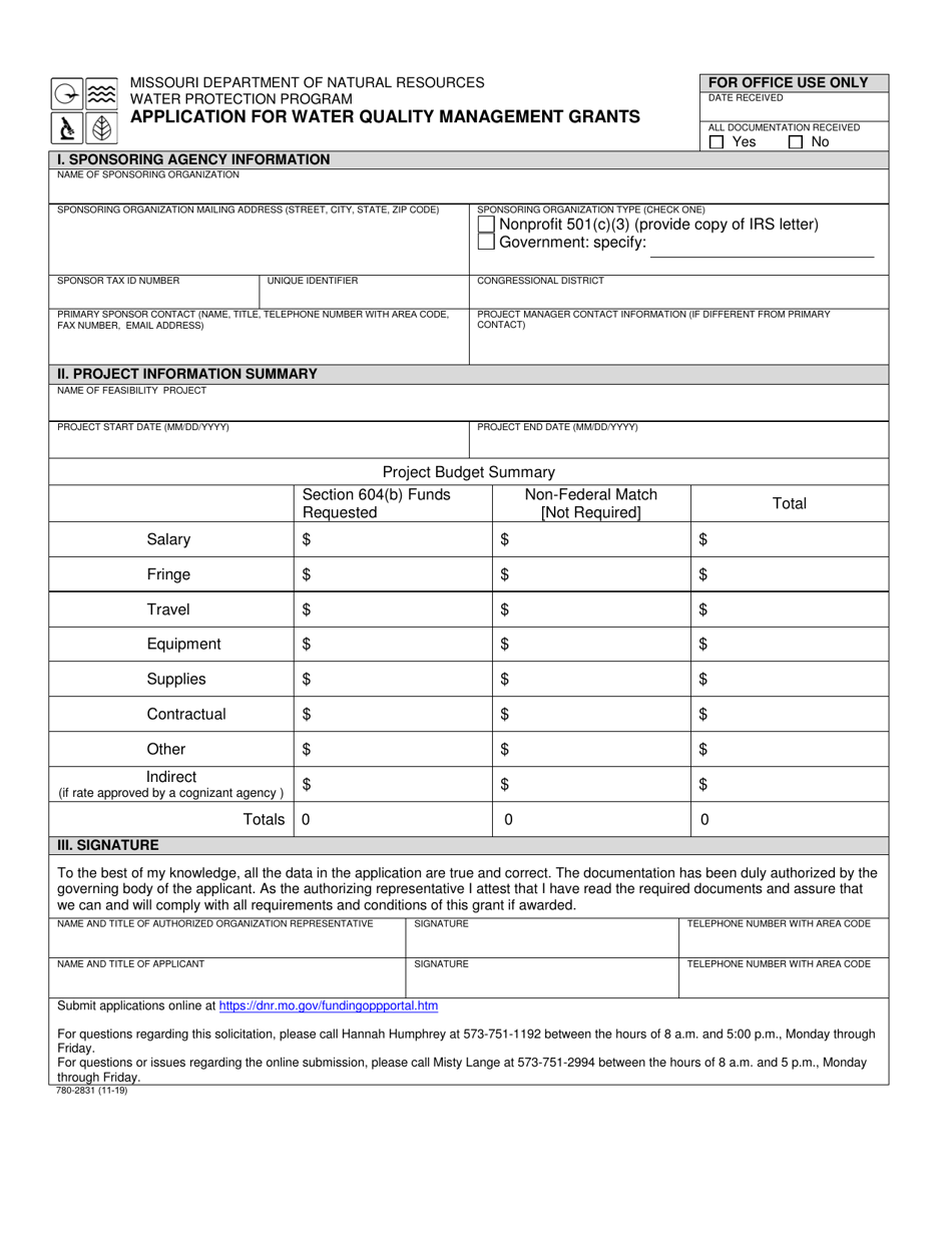 Form MO780-2831 Application for Water Quality Management Grants - Missouri, Page 1