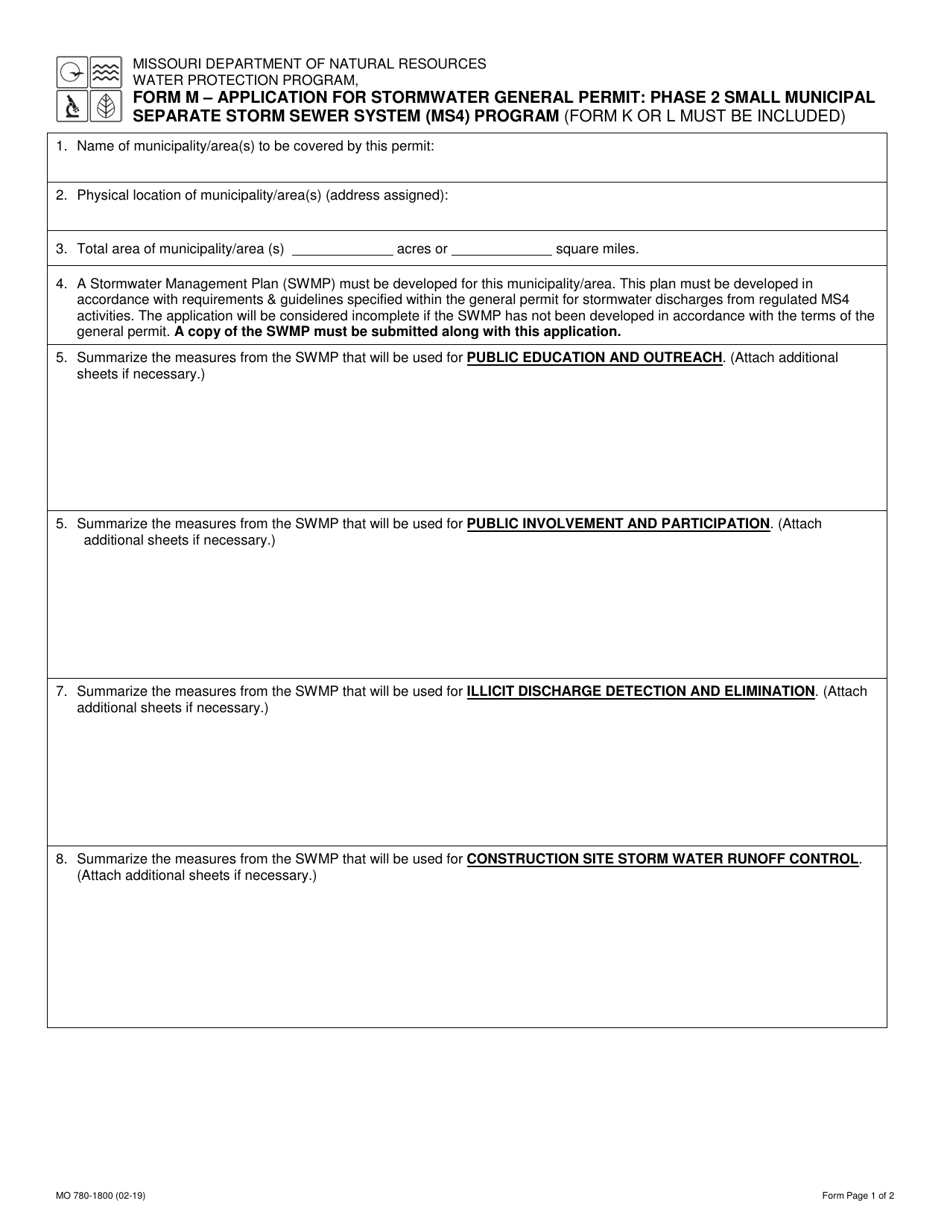 Form M (MO780-1800) Application for Stormwater General Permit: Phase 2 Small Municipal Separate Storm Sewer System (Ms4) Program - Missouri, Page 1
