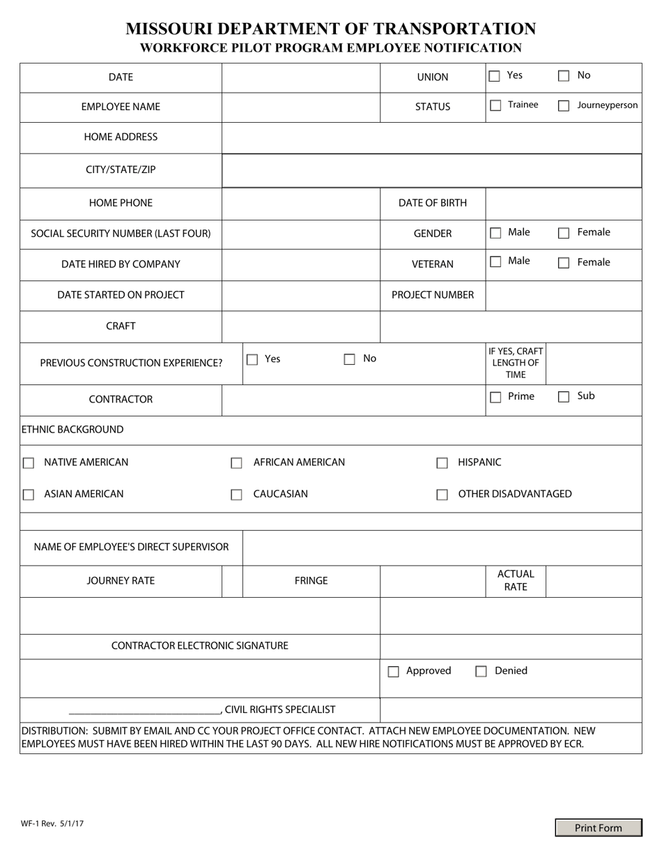 Form WT-1 Workforce Pilot Program Employee Notification - Missouri, Page 1