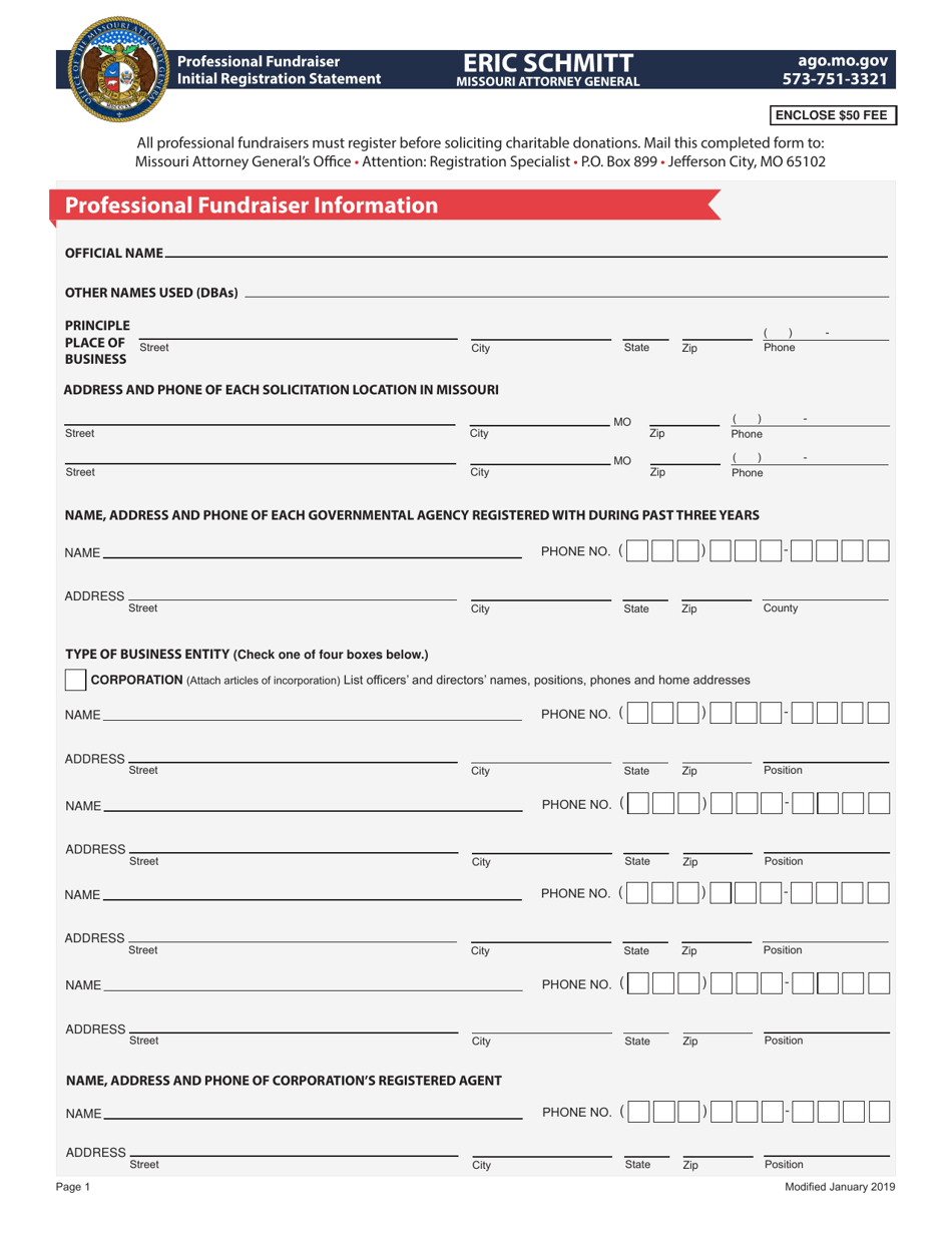 Professional Fundraiser Initial Registration Statement - Missouri, Page 1