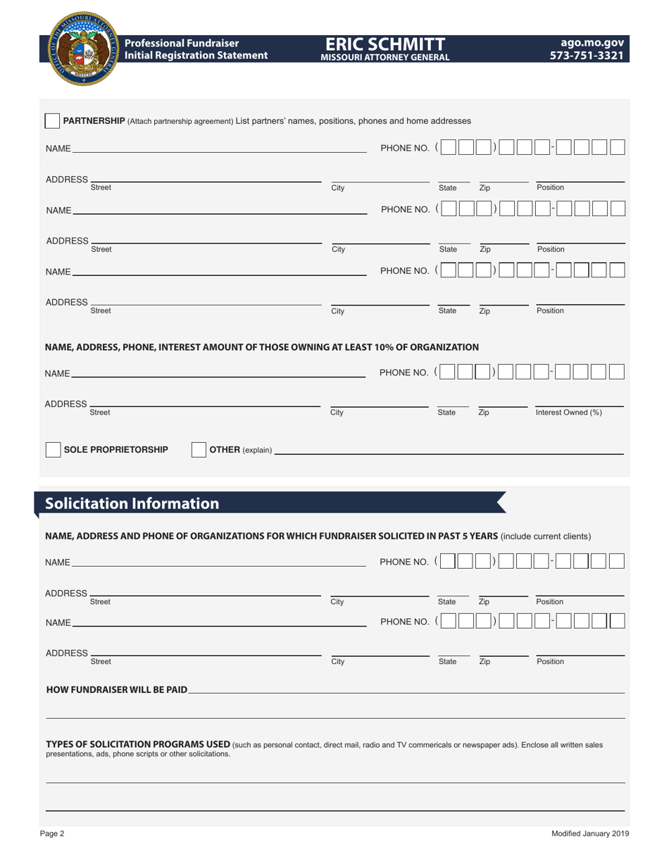Professional Fundraiser Initial Registration Statement - Missouri, Page 2