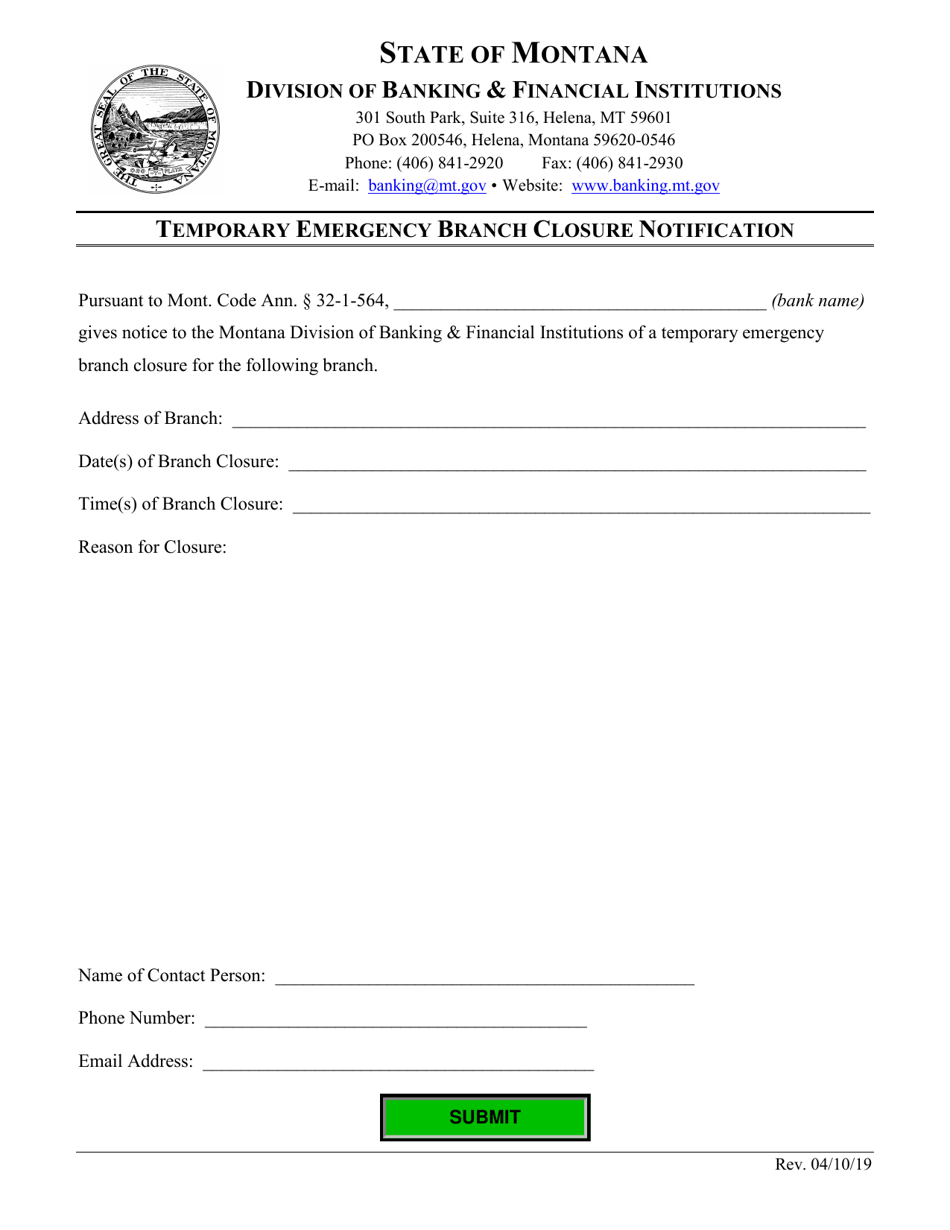 Temporary Emergency Branch Closure Notification - Montana, Page 1