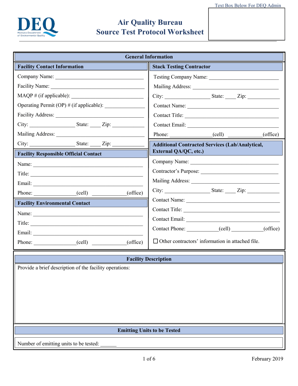 Source Test Protocol Worksheet - Montana, Page 1