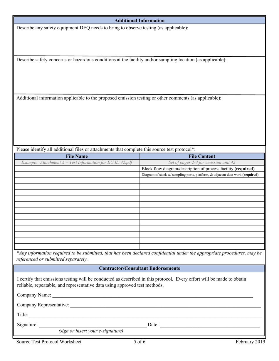Source Test Protocol Worksheet - Montana, Page 5
