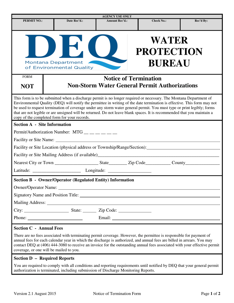 Form NOT Notice of Termination - Non-storm Water General Permit Authorizations - Montana, Page 1