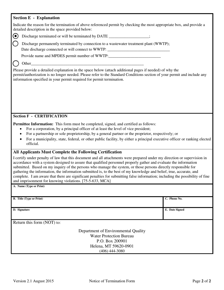 Form NOT Notice of Termination - Non-storm Water General Permit Authorizations - Montana, Page 2