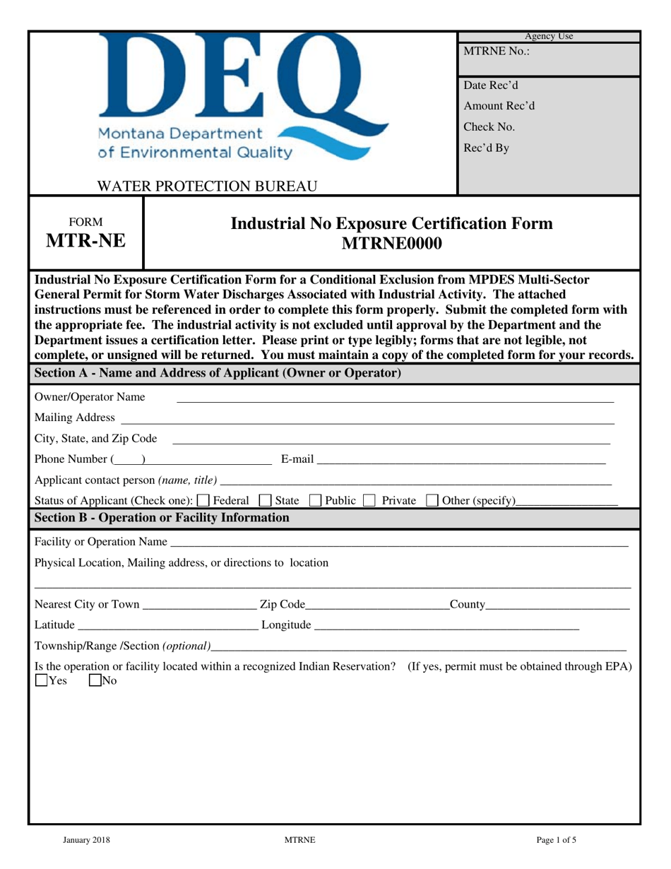 Form MTR-NE Industrial No Exposure Certification Form Mtrne0000 - Montana, Page 1