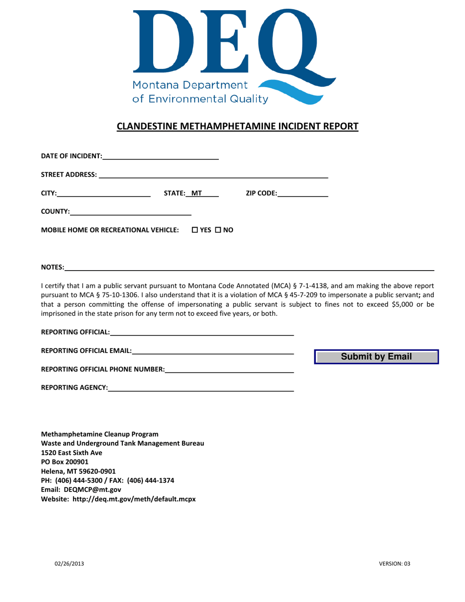 Clandestine Methamphetamine Incident Report - Montana, Page 1