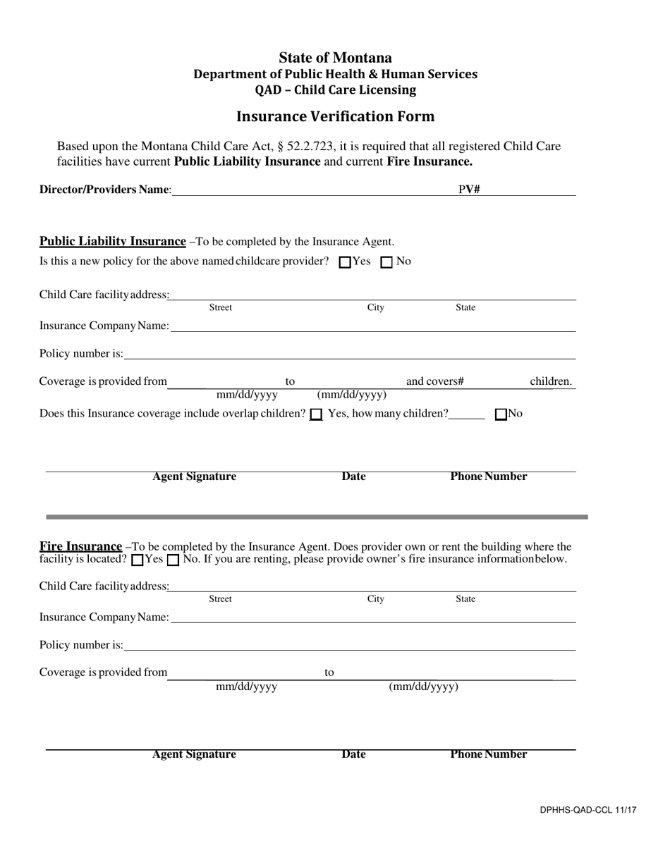 Form DPHHS-QAD-CCL Insurance Verification Form - Montana, Page 1