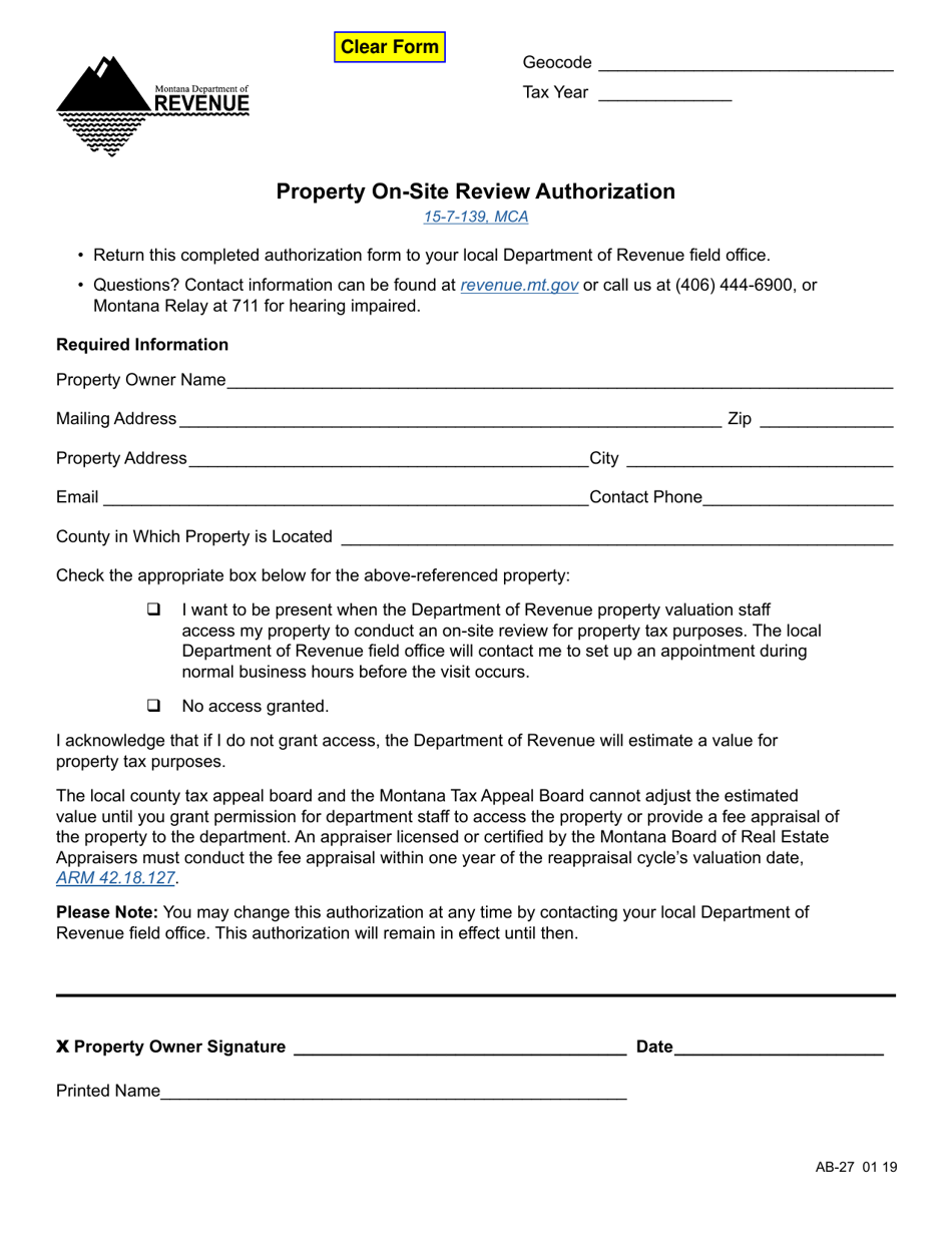 Form AB-27 Property on-Site Review Authorization - Montana, Page 1