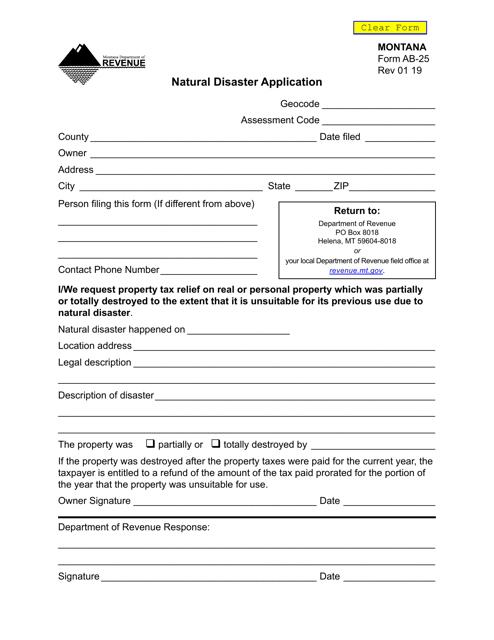 Form AB-25 Natural Disaster Application - Montana